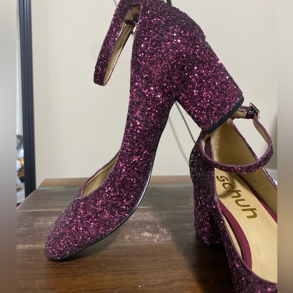 Shoes Schuh Dark Red Purple Glitter Sequin Ankle Strap Chunky